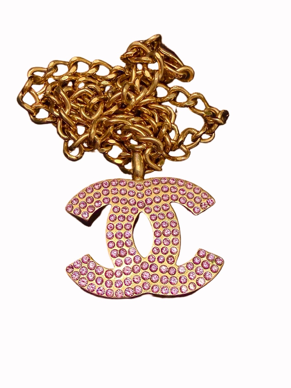 Jumbo Chanel Pink Crystal CC Logo Gold Necklace - Picture 3 of 6